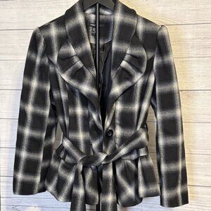 Robert Louis Women’s Plaid Belted Pea Coat PXL Black White Ruffle Collar